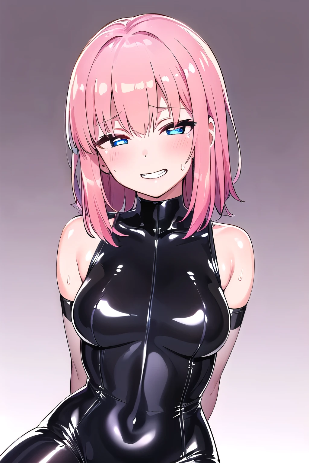 20 year old woman, busty, bubble butt, hourglass figure, skinny, blushing, embarassed, shocked expression, horny, seductive, lo, ribbed sweater, jeans, tight fitting clothing, fabric clothing, anime, bedroom, night, punk style, punk hair, ((open mouth)), ((drooling)), ((wet)), bare shoulders, elbow gloves, minimalist background, ecchi style, hentai, ecchi anime style, seductive