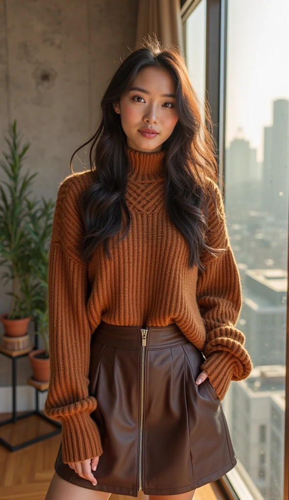 modern masterpiece photograph (close-up:1.15) portrait of TiffyMinxy, brown wool turtleneck sweater, long blue jeans pants, (standing legs appart:1.3), (front view), spread legs, 23 years old, long hair, modern look, (light lipstick:0.85), old city square in the background, night city, rain, nature, natural look, soft skin, clean, two tone, beauty, shot with hasselblad, sharp focus, dof, sunshine, sun on face, lace, rain, brown eyes, (rim lighting), half body, flemish, skin pores, acne, <lora:TiffyMinxy:1>,