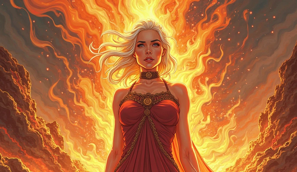 One girl, Daenerys Targaryen, tanned, satnding in the sand, surrounded by flames, nightgown, ripped clothes, naked, nipples, pubic hair, dirty, calm