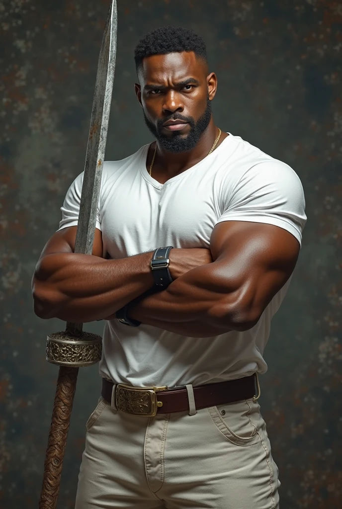 (highres,best quality:1.2), realistic, detailed, strong black man with shaved hair, scar on the left eye, extremely muscular (bodybuilder), flaming long sword, right arm covered in charcoal gray