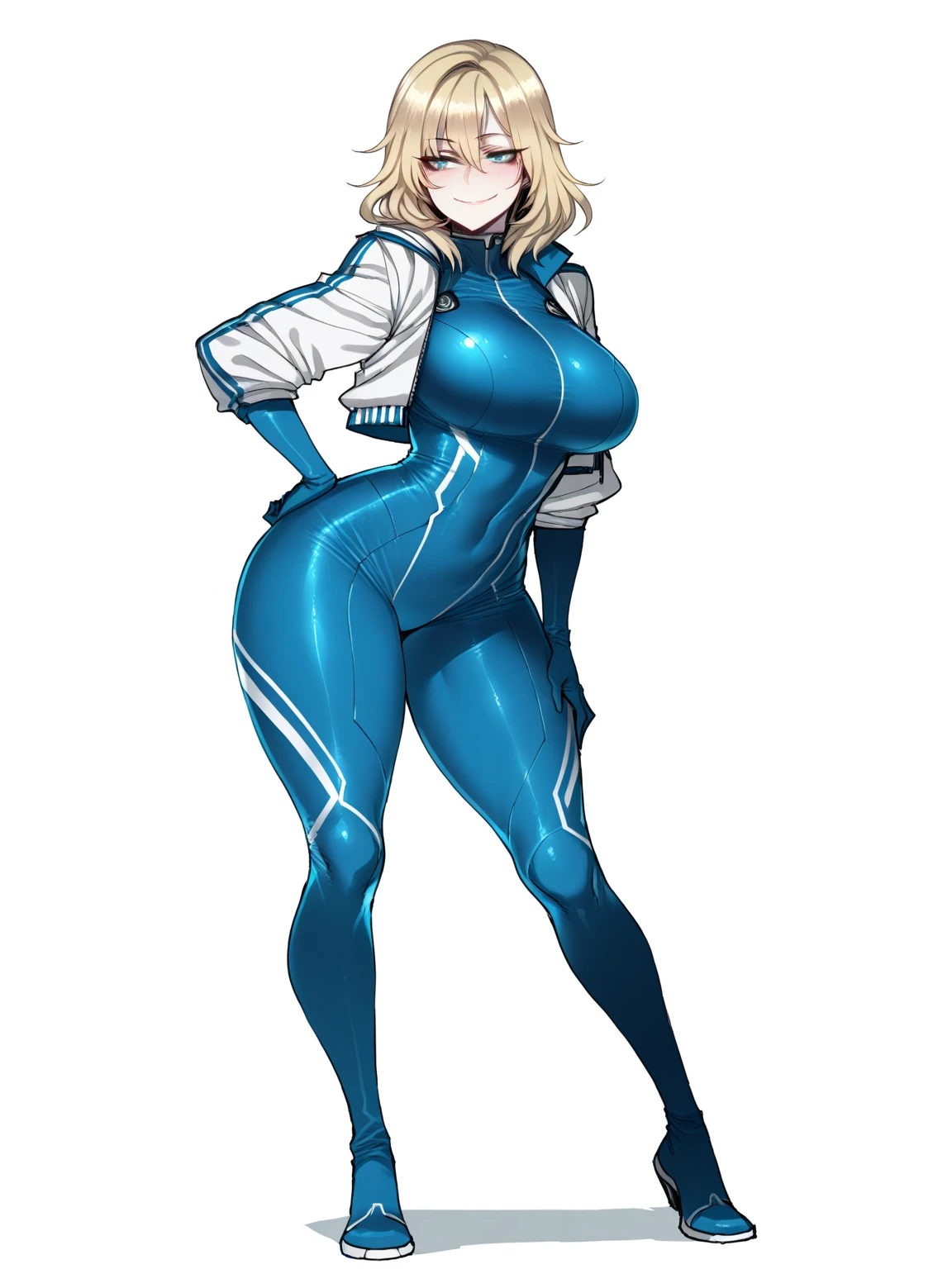 1girl, solo, limalisha, side ponytail, hair ribbon,blonde hair,
BREAK (bodysuit, cleavage, cleavage cutout, clothing cutout, earrings, jewelry, red bodysuit, red lips, stud earrings, tareme, zipper:1.2),
BREAK  (multiple views:1.5),from behind,from_front,(blue background:1.3),(full body:1.4),arms at sides,
BREAK (white background, simple background:1.6),
BREAK (masterpiece:1.2), best quality, high resolution, unity 8k wallpaper, (illustration:0.8), (beautiful detailed eyes:1.6), extremely detailed face, perfect lighting, extremely detailed CG, (perfect hands, perfect anatomy),