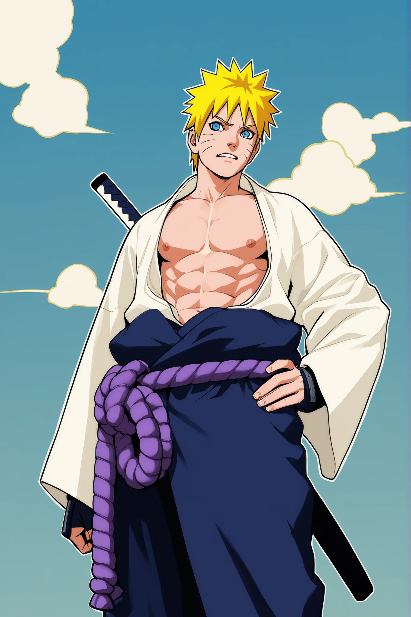 “A high-definition anime-style boy illustration of Naruto Uzumaki He wears a long sleeve white kimono that is left open at the torso and hanging , revealing his chest and abs. Naruto has his signature spiky blond hair, blue eyes,comic colored manga artstyle with line art, and clean line art,nipple,blue sky background with cloud, realistic hair,hand on hip,a little bit skinny,slightly furrowed eyebrows,His outfit consists of dark blue pants with a dark blue fabric hanging over them from his stomach to his knees, secured with a thick purple obi rope belt tied at the waist.He wears black arm guards,puff up chest,full body view,the fabric on down his wais colored blue and the pants are black,And her kimono opened and fell towards his hands which were on his waist,Sword hilt without bandage,the back view only sky and cloud