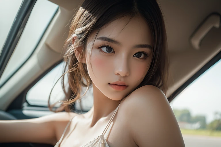 Top quality, RAW Photo, Highest Quality Image, 16K, Full body, Age 22 years old, Realistic, Photorealistic, Beautiful Asian woman, Sexy, body, White pale skin, Beautiful hair, Wavy hair, Brown Hair,, Short hairstyle, Detailed face, Detailed body, Detailed skin, Double eyelids, Big eyes, long eyelashes, bright eyes, green eyes, natural lips, detailed lips, Saggy breasts, Very Small breasts, Flat Breasts, long shape breasts, posing in her car, sunny day light , light through Aspen trees, wearing white shirt, Camera angle from below