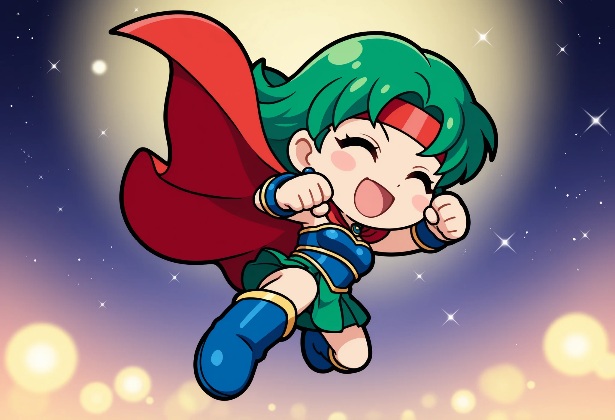Starry Flowing Background, 1 girl, mumu, green hair, Blue Breastplate, red hair band, blue boots, chibi, laugh, is flying, stick out your fist, official art, deformed, Chibi Kawaii, 4K high image quality, Professional Finish, Extreme Details, HDR, UHD, studio lighting, bokeh, Happy Atmosphere, (Highest Quality:1.2, 4K, 8k, very well detailed, attention to detail, masterpiece:1.2, Best Aesthetics),