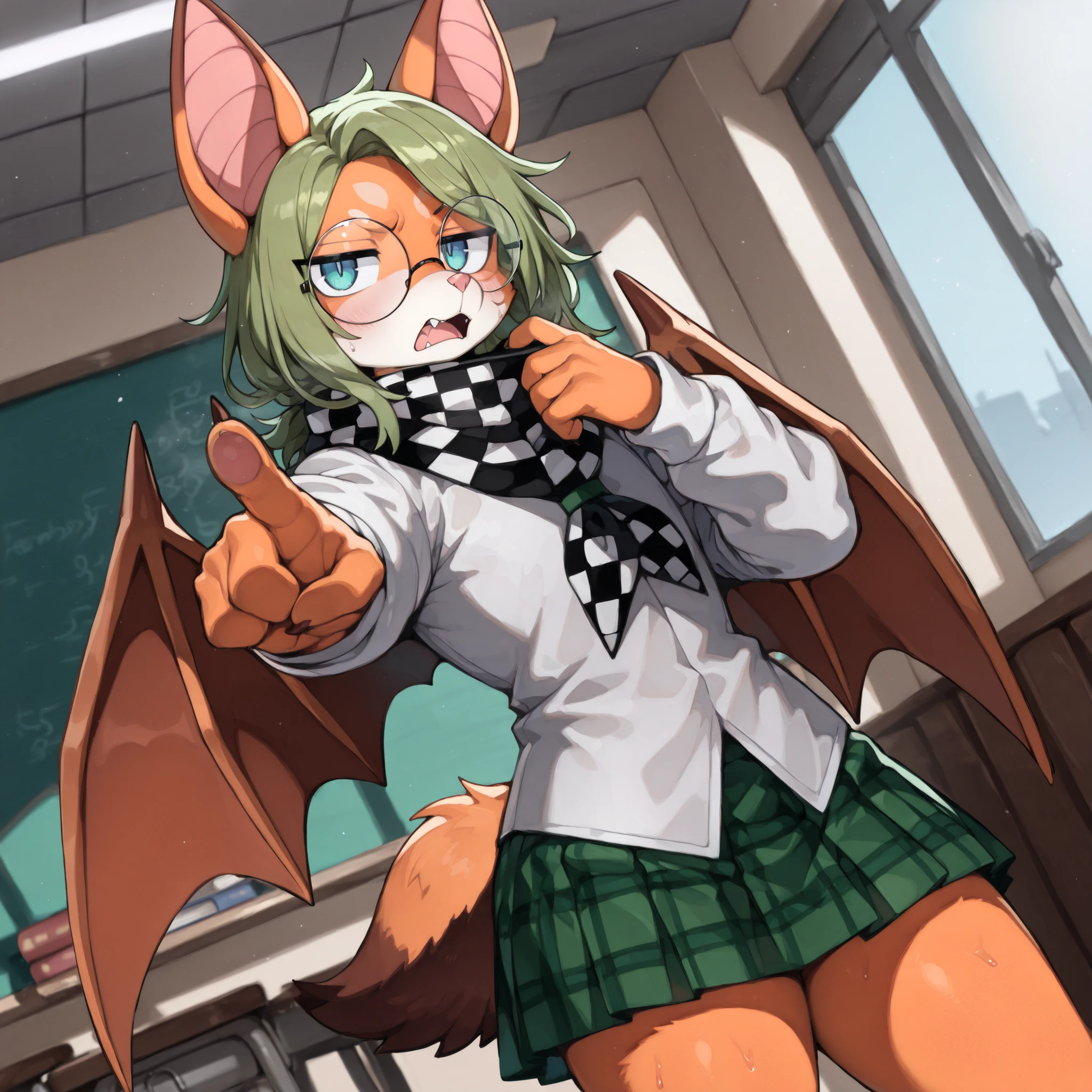 (side angle, dutch angle) (solo:1.5, solo character:1.5) (adult, wide shoulders:1.2, broad shoulders, mature:0.9, boy, male, hot,) [big eyes:1.4], (round face:1.4, bright blue eyes, cute:1.1), ((green hair, round glasses)), (medium hair, hair over whole head, body fur, furry, bat, orange fur on body, orange skin, white skin, green eyes), (feminine:1.5, feminine body:1.5, femboy:1.5), bratty, mouth open, (annoyed), hips, orange bat wings, ((black and white checkered scarf, school uniform, green skirt, white shirt)), college, book club room, thighs, standing up, pointing at viewer, ((scolding, mouth open)), looking at viewer, [flat chest], (masterpiece, best quality), (very detailed body, face, tail, arms, hands, legs, head and eyes), long sleeves, light colours, detailed lighting, detailed shadows