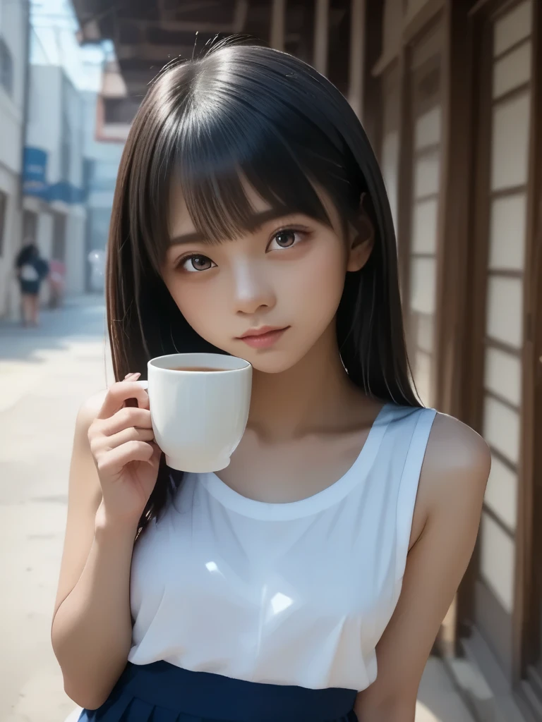 ((best quality, 8K, masterpiece)), ultra detailed, sharp focus, 1 cute girl,sitting on chair, ((cup of cafe latte)), highly detailed face and skin texture, ((detailed eyes)), ((beautiful eyes:1.2)), (smile:1.15), (closed mouth), cafe, Completely naked、Covered in semen、There is a lot of semen、