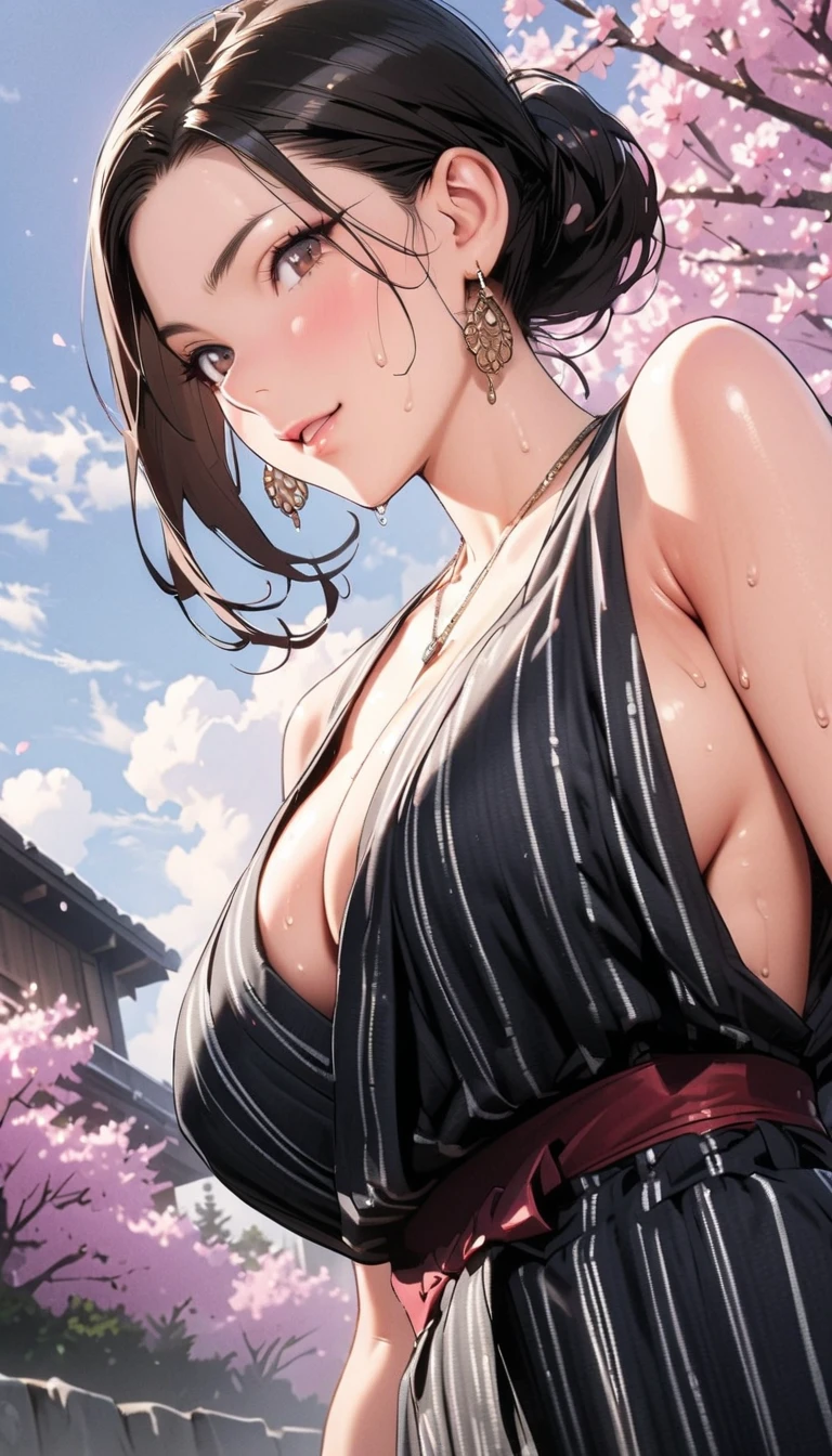 20 years old,1 mature woman,hyperrealistic, 8k, (extremely detailed 8k), (very delicate and beautiful), (masterpiece), (better quality:1.0), (ultra high resolution:1.0), (masterpiece, best quality),cute,black hair,big breasts,ponytail,POV,,full body,white background,realistic skin,looking at viewer,kimono