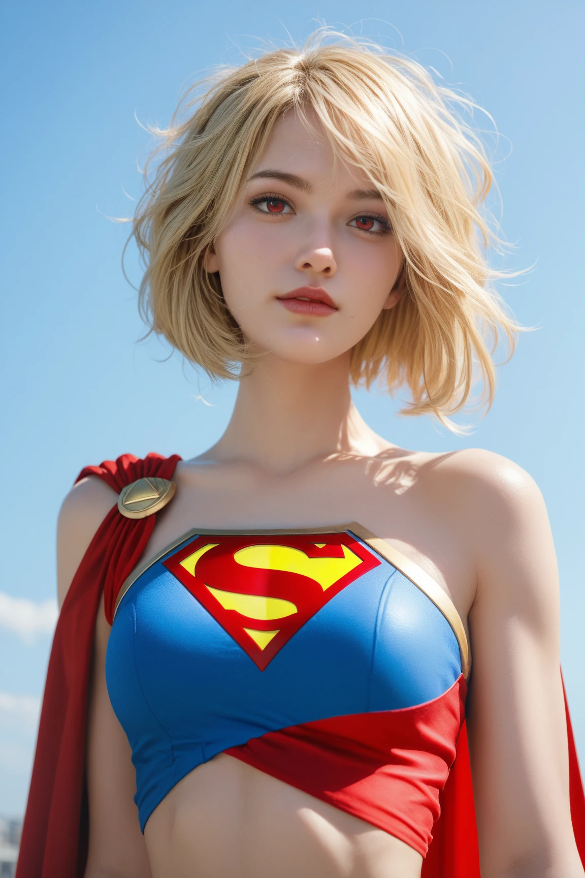 obra prima、Short-haired Supergirl lying in a completely destroyed ruin、(seios grandes: 1,5) e cheios、looking at the camera、Traje brilhante、Traje esfarrapado、ferido、Full of scratches、Heavy injury、Grande culpa、anguished expression、Parece angustiado、derrota