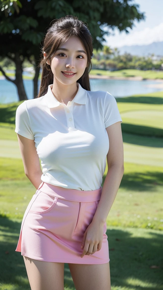 (masterpiece:1.3), High resolution, Very detailed, CG, 8K壁紙, photo-realistic, RAW Photos, (8K, Highest quality, masterpiece:1.2), (Realistic:1.4), Beautifully detailed face, Perfect and beautiful face, Beautiful and elaborate face, Accurate, Highly detailed face and skin texture, Detailed hair texture, Perfect body, (Fair skin:1.2), Beautiful eyes in every detail, Slim face and figure, Big eyes, (Glossy Lips, Natural color lip:1.4), ((Sexy sensual smile, Attractive sexy smile:1.4)), ((Beautiful woman, Random Cute Hairstyles:1.4)), ((Beautiful womanがゴルフ場でゴルフをしているシーン。She was wearing tight golf clothes.、The outfit accentuates her curves.。A fitted polo shirt on the upper body、Sleeves are short、There is a small logo on the chest。The bottoms are fitted mini skirts、Emphasizing ease of movement while emphasizing feminine curves。The lush fairway and blue sky spread out in the background.、A refreshing landscape unfolds:1.4)), ((Full Body Shot, From behind:1.4)), (Staring at the audience:1.3), ((sexy shot looking at camera, Bold sexy pose:1.3)), (Detailed Background:1.2), Perfect dynamic composition