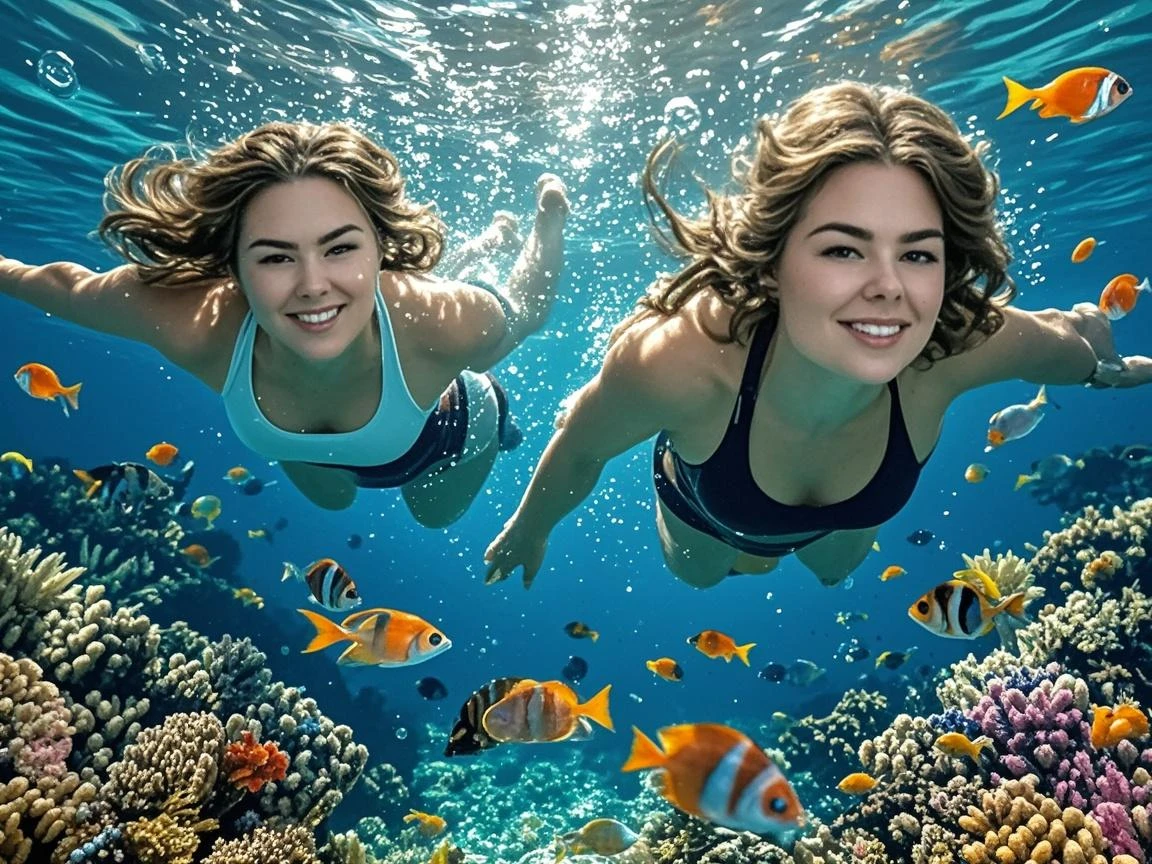 there are two people in the water with fish in the water, fish in the background, see fishes swimming, vacation photo, go pro, photo taken in 2 0 2 0, fish lens, in the middle of the ocean!!!!!, on the ocean water, stunning visual, by Carla Wyzgala, fish lense, gopro shot, lisa kristine, fish eye view