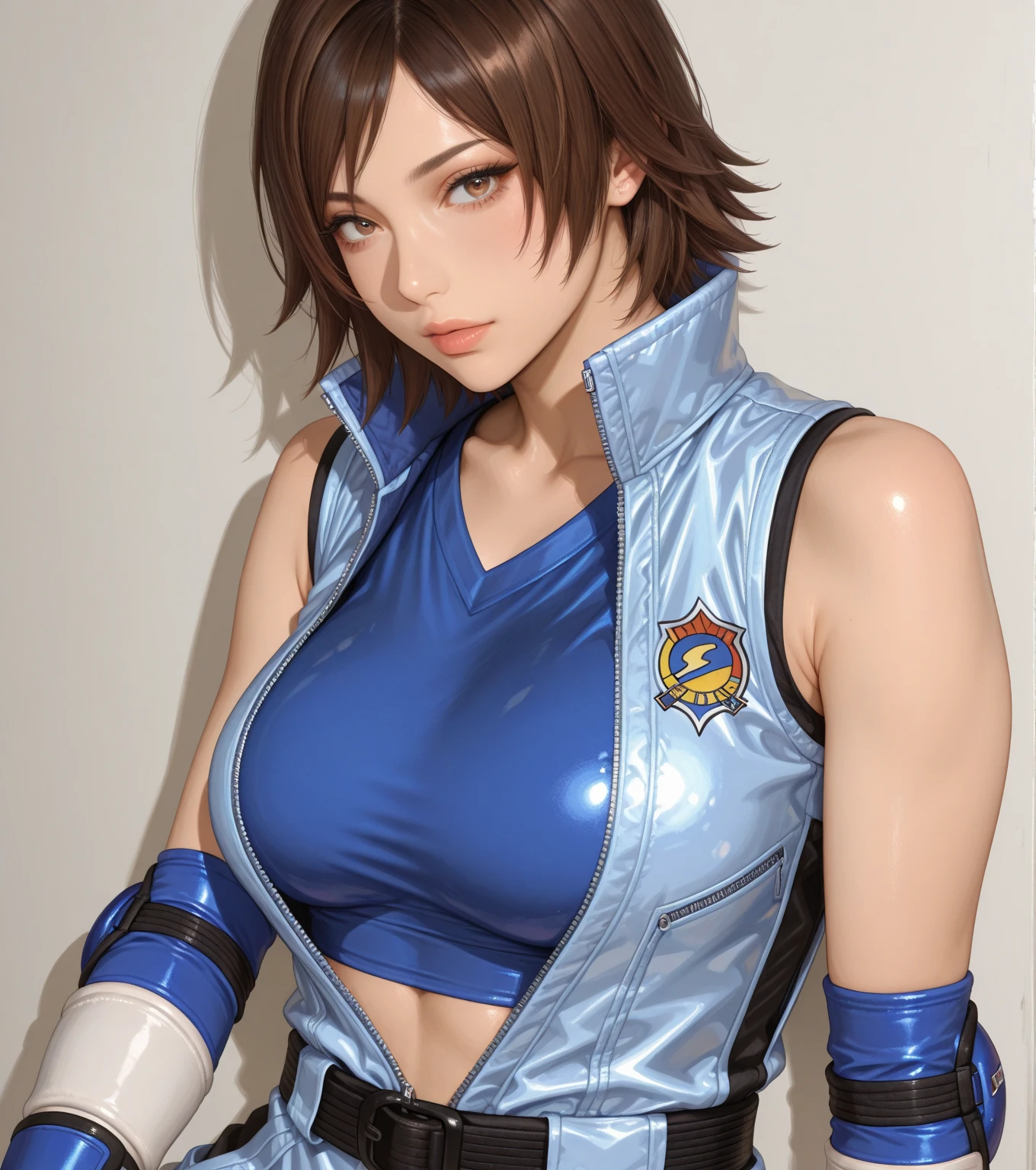 (masterpiece, premium quality: 1.2), alone, strong, 1girl (Kazama Asuka), short brown hair, brown eyes, in a cruel mistress outfit, angry, looking at camera, at a basement