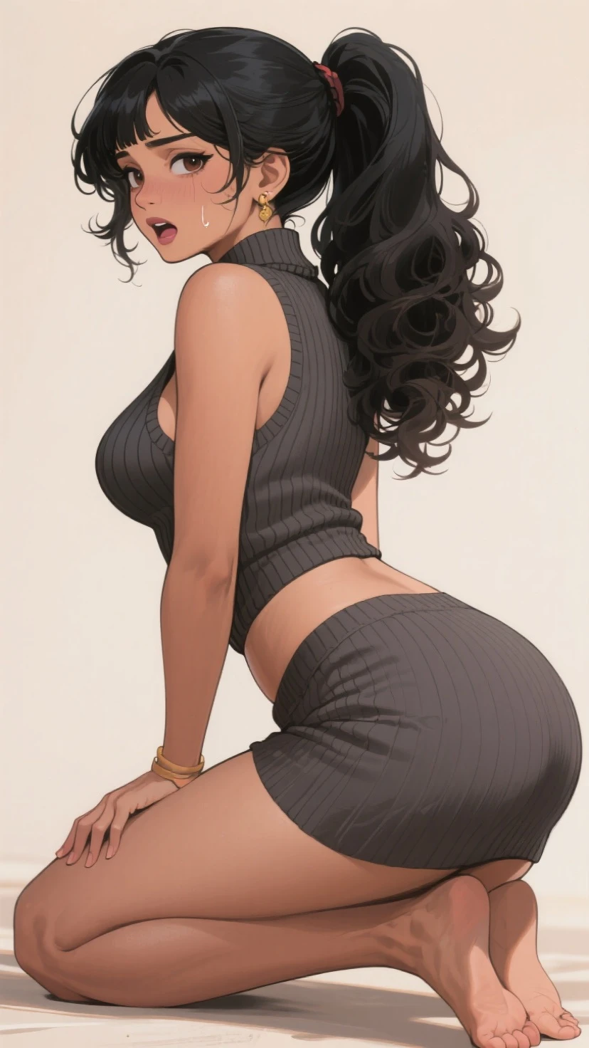 Hot young Japanese girl with huge voluptuous boobies, curly long hair, black eyes, hourglass figure, arms holding breasts, looking at viewer, tight dress