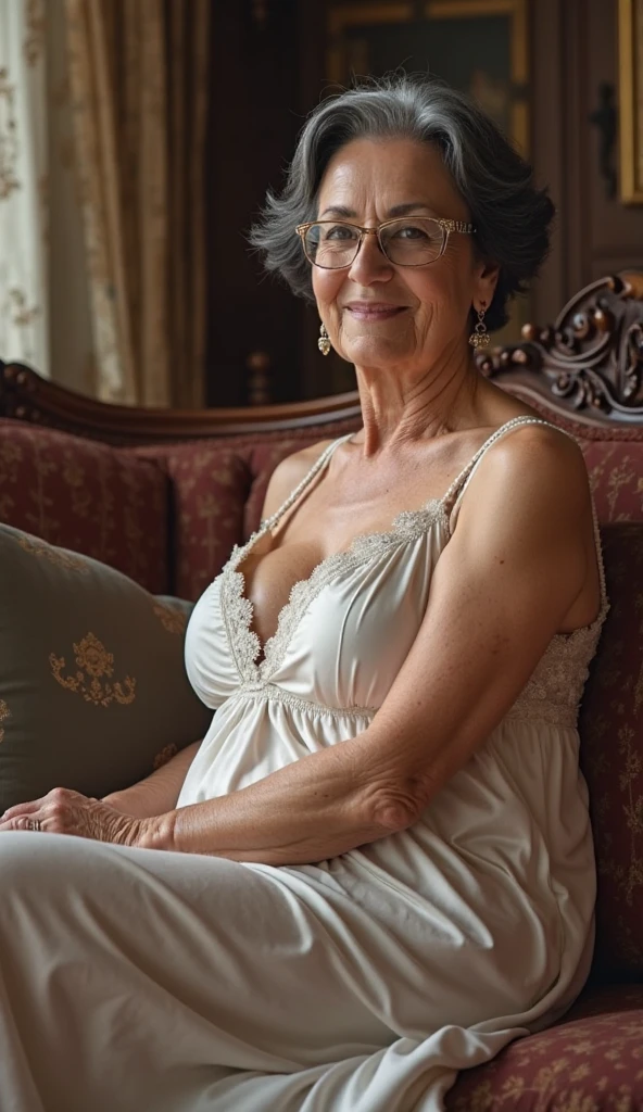 Mature old woman 80 years with curly silver hair, plus size, old face and body with many wrinkles, hands over the head, glasses red lips, smiling, loose skin, standing at bedroom posing for photo spreading her legs, She wearing white nightgown and large neckline and lace stockings, side view. jaw dropping mature older beauty, old face and body with wrinkles, old face, attractive grandma, a gorgeous old hair, beautiful old grandma, lovely older mature grandma, gorgeous beautiful grandma over 80 years old, beautiful curly silver hair grandma, beautiful detailed body and face, a beautiful old granny
