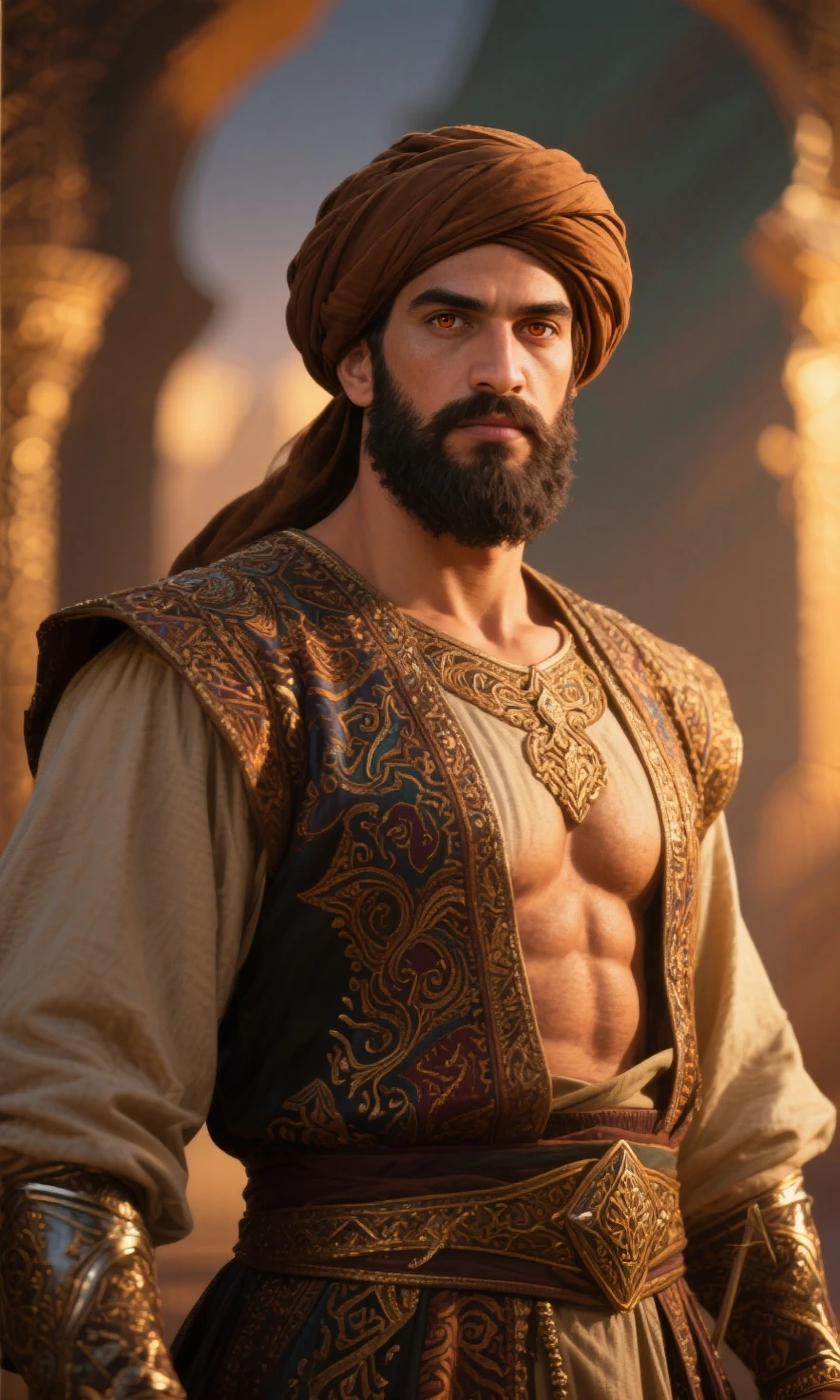 ((ultra intricate details, digital art style, airbrushed)), 1man, Arabian, Aladdin hiding in a crowded market, sunset, crouching, (dense crowd:1.3), wearing dirty rags, filthy, (white baggy cloth trousers:1.1), open purple sleeveless waistcoat , close up, bare chest,