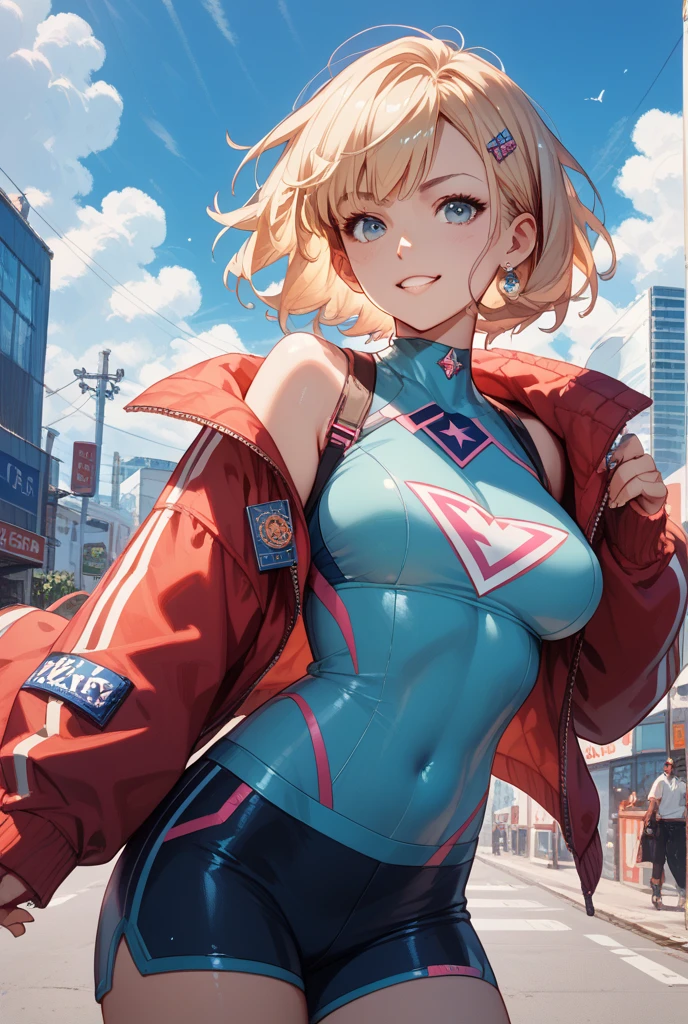 solo, 1girl, (Masterpiece), ((Appearance )), blonde hair, Medium Hair, Blue eyes, anime girl, Pink superhero uniform with tight white pants, cloak, technological glove, Cyberpunk City, in night