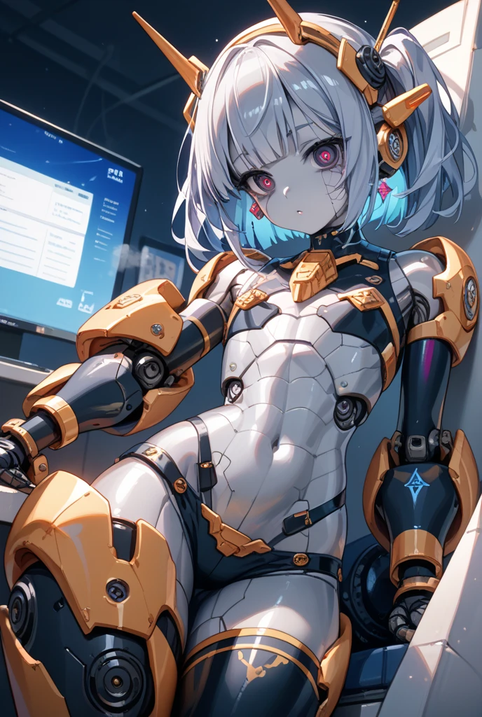 (((Sparks fly))), (((Highest quality))), ((Very detailedな)), (High-definition CG illustrations), ((Very delicate and beautiful)), Cinematic Light, ((1 Mecha Woman)), alone, mature, (Ahegao), Big and ample breasts, Plump, whole body, (Machine made joints:1.2), ((Mechanical marginal vessels connected to tubes), ((Cervical vertebrae mechanically attached to the neck)), (((The crotch is open))), (Sitting), (wires and cables around the neck:1.2), (Wire and Cable:1.2), (Character Focus), sf, ((Very detailed,colorful)), Best details, (basement)