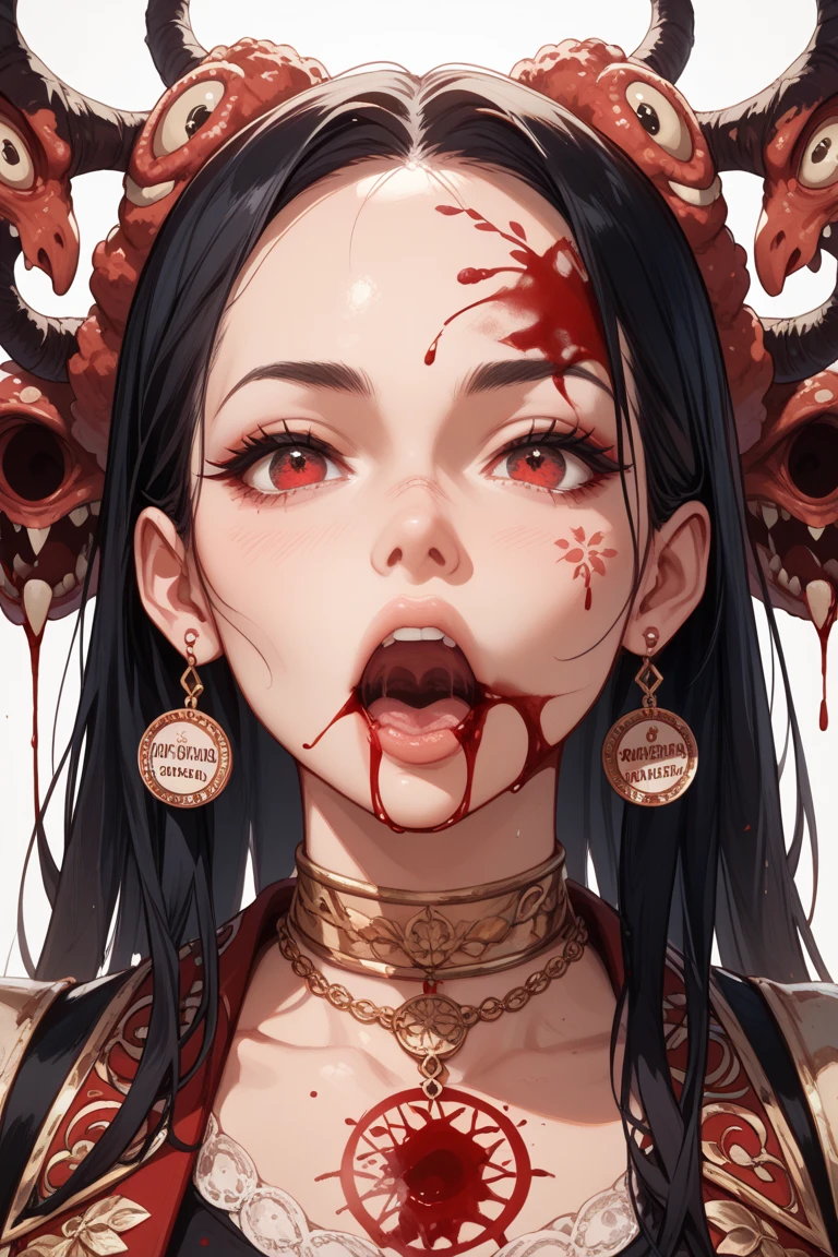 a girl sticking out her tongue, beautiful detailed eyes, beautiful detailed lips, extremely detailed face, long eyelashes, white teeth, profile view, intense red tongue, etc.