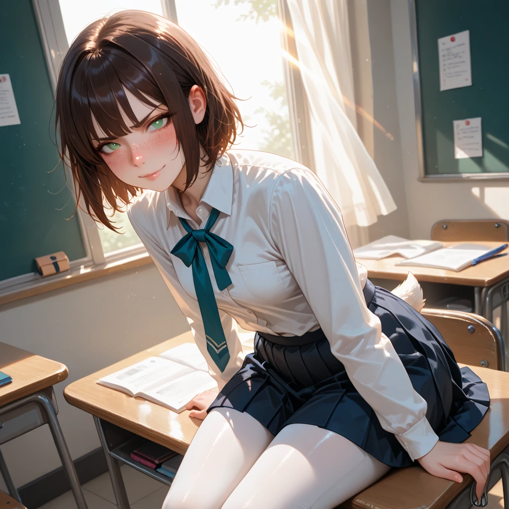 (8k、highest quality、masterpiece:1.2)、(realistic、Photoreal:1.2)、 beautiful、40 years、sit on top、(((pantyhose)))、(((spread your legs)))、solo、classroom、nasolabial folds、looking at the viewer、(get up:1.5)、inside the school、big breasts(F cup)、A chest that is about to burst、erect nipples、細くてbeautiful目、)、(dark blonde hair:1)、(short hair:1.1)、pantyhose, spread your legs, skirt, school uniform, white panties,string panties(bite), black haired, shirt, blurry, blurry背景, knee high, 白のshirt, realistic lips, brown eyes, black socks, tie, pleated skirt, bow, headrest, turn to the side, classroom、brown shoes, masterpiece, highest quality, super detailed、(((pantyhose)))、(((spread your legs)))、Eyes that invite、camel toe、have sex hard、Dick thrust into pussy、Overflowing juice