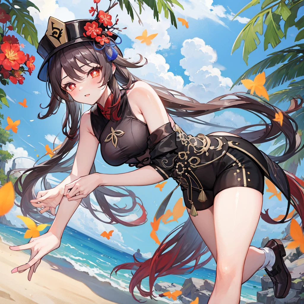 (((best quality))), ((ultra-detailed)), ((an extremely delicate and beautiful)), ((16k)), realistic, hd, cgi, gleaming hair, gleaming skin, gleaming dress, Character focus, solo, stylish pose, strong light coming in, sharp focus, illustration, game cg, anime, solo, curvy, (big breasts:1.3), forehead, ( Chinese Lace Up Cheongsam Open Chest Bodycon Dress High Slit Qipao mini), faste collarbone, (belly:0.9), standing, leaning forward, hand reaching viewer, looking at viewer, ocean, flower hair ornament, accessories, backlighting, shiny skin, shiny body, chibi, gloves, necklace, jewelry, black-brown hair, bead necklace, red faded into black colored hair, brown eyes, long hair, black bunny ears, red ubre hair, red black hair, more red hair streaks, smaller dress, bare two feet kicking viewer