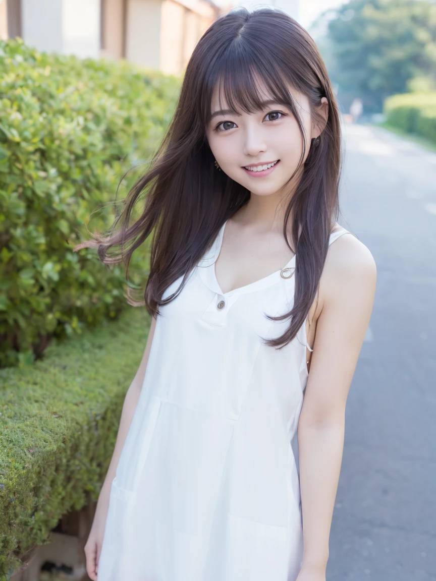 Japanese female, (underweight), (flat chest best quality:1.5), (cheerful grin:1.2),
(lake), walking, long hair, (white dress, off shoulder top), Japanese, on the road, in the forest, hazy atmosphere, from front, high angle shot, sunrise
