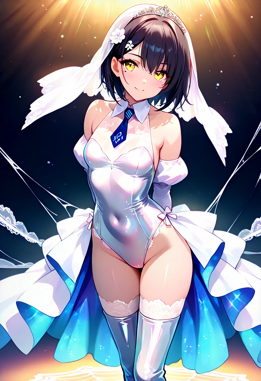 cute and sexy girl with short women's hairstyle with shaved temples, white stockings, white long glovess, black choker, small breast size, white pale skin, night