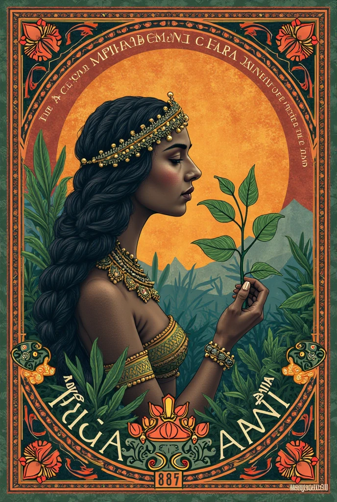 A full body portrait of a gorgeous black woman with flowers on her hair, tarot card, variscite, alphonse mucha, gustav klimt, anna dittmann, floral, art nouveau, illustration, hyperrealistic, line art, marker drawing, watercolor painting, african American woman