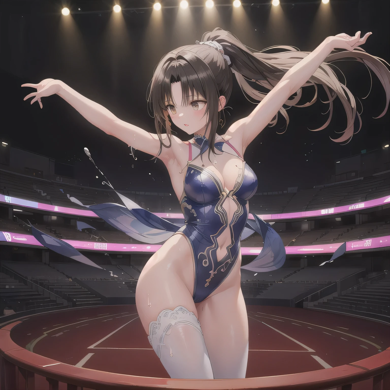 (masterpiece,最high quality,high quality)), ((8K wallpapers integrated with high-definition CG)), Amazing beauty, Beautiful body, The beauty of a chubby body:1.1), Swimwear , View from below, Kiss the viewer, night, Concert Venues, , Open your mouth,Rapper,Grab the microphone,Low-rise string shorts,short hair,One person,sing,Singing passionately , Big breasts
