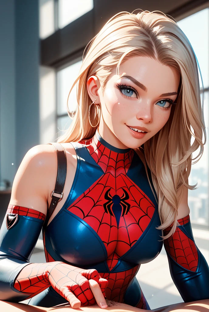 4k, realistic, charismatic, lots of detail, there's a girl at the top of town, wearing the Spider-Man costume, she's a spider-man, white superhero theme, long blonde hair, 18 years old, full body