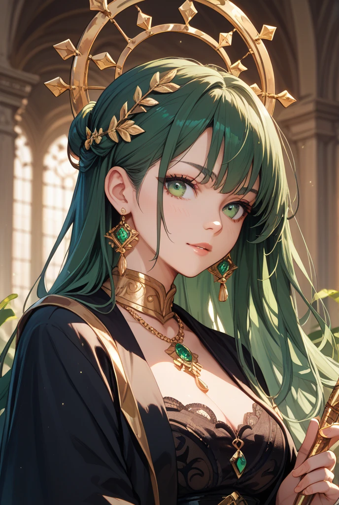 man, masculine, masculine face, attractive, muscular, ((1man)), masterpiece, absurdres, best quality ,intricate details , (shiny skin, shiny body, shiny oily luster skin, shiny hair, pale skintone), Sundown, attractive, ((muscular)), adult, one,medieval clothes, earrings, black pants, Don't look at the view , Not looking at the view, jade green hair, braided hair, perfect detailed face, perfect detailed hands, dragon horns, green eyes, ((MLS)), smirk, medium large shoot
