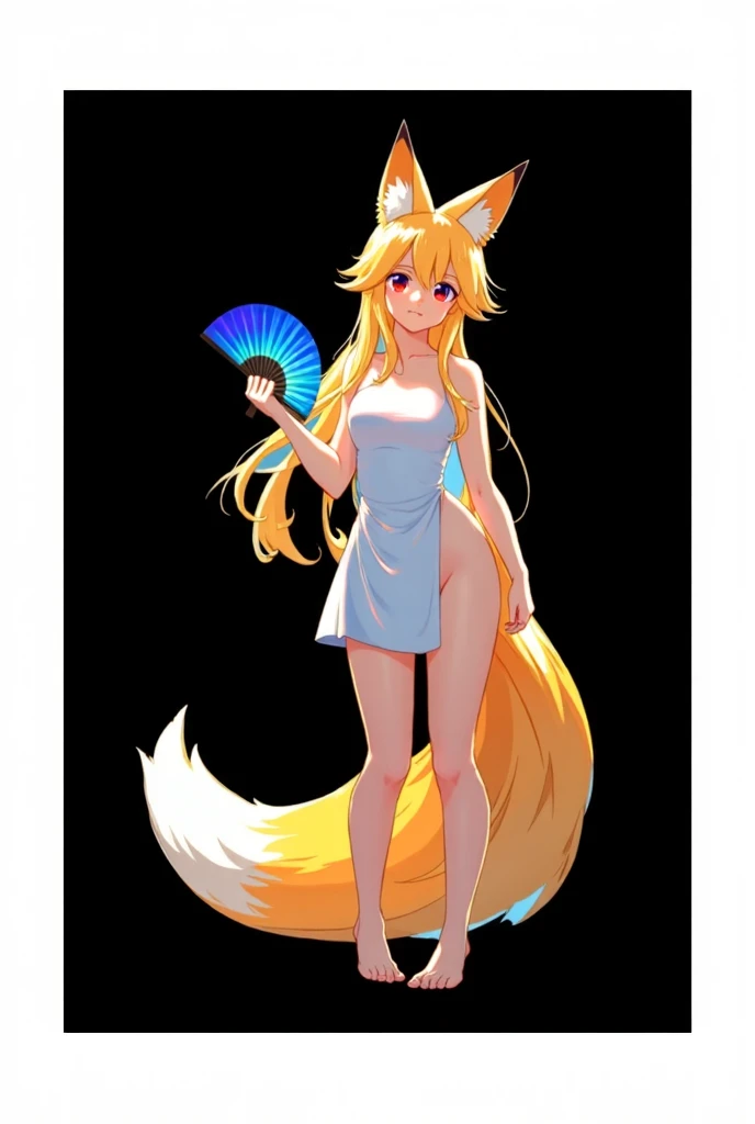 blonde long hair, blue eyes, smiling, beautiful detailed eyes, beautiful detailed lips, extremely detailed face, 1girl, animal ears, fox ears, fox tail, kitsune, white dress, cleavage, seductive pose, digital painting, highly detailed, intricate details, cinematic lighting, vibrant colors, Anime, 8k, best quality, (masterpiece:1.2)
