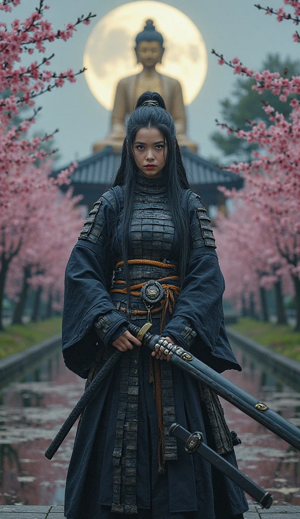 award-winning photo of a beautiful female warrior, 35 ans, samurai, armure noire et blanche, casque, ventre nu, mince, normal chest, long black braided hair, yeux bleus brillants, luscious mouth, se tenant debout dans une positon dynamique et tendant devant elle avec ses deux mains un sabre japonais à manche noir, in a garden with a body of water and full of blossoming Japanese cherry trees, with a pagoda in the background and a large golden statue of Buddha, under a cloudy dusky sky, half-hiding the full moon, detailed realistic decor, Award-winning studio photo.