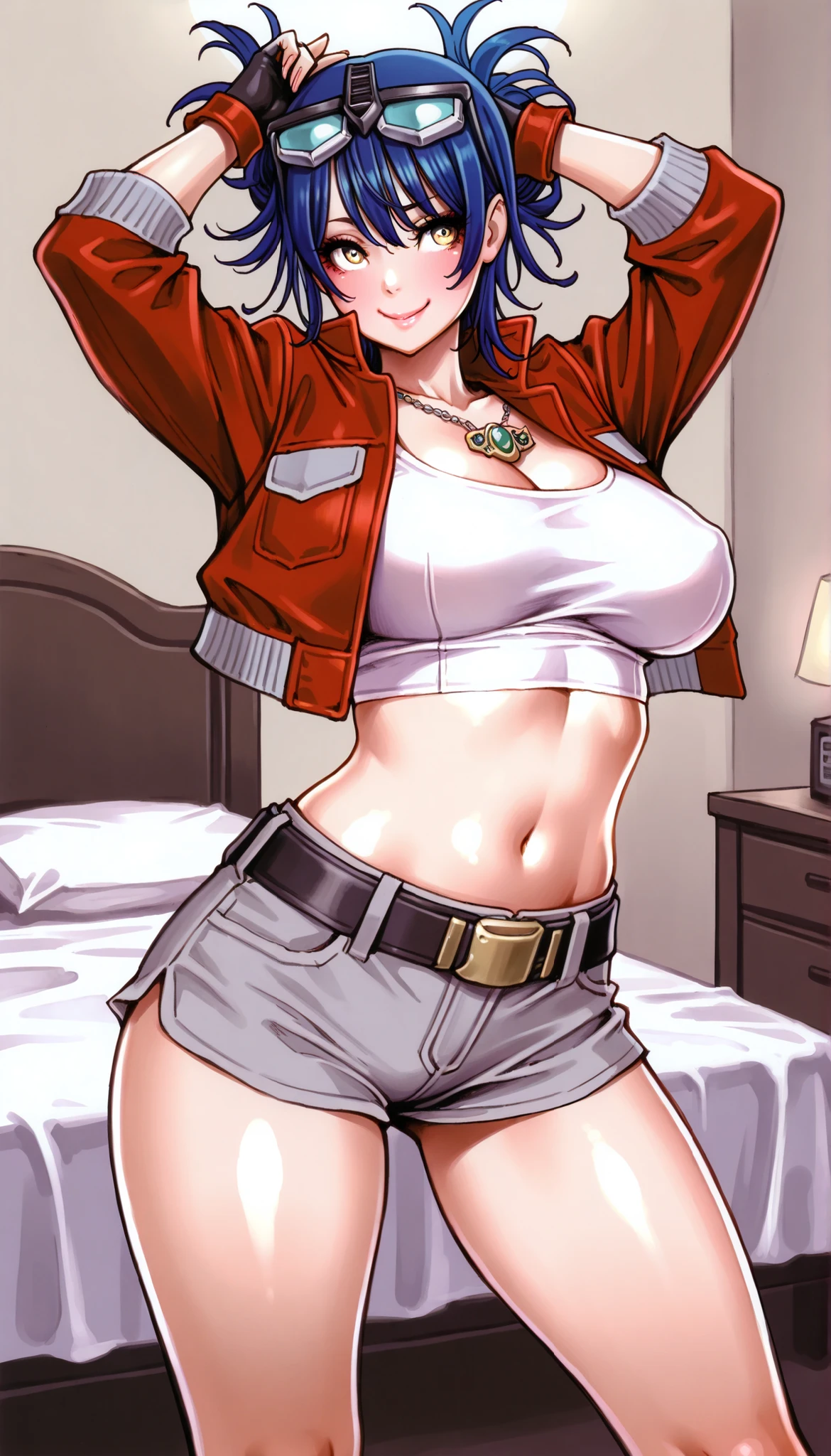 masterpiece,Highest Quality,great quality,very sophisticated,absaudress,Newest 1girl , solo, Wife Timer Prime, blue hair, double bang, eyewear on head, necklace, big breasts, white crop top,Down , red cropped jacket, fingerless gloves, Grey Low Leg Shorts,cropped shorts ,Hairy, to thigh, place your arm behind your head,open your mouth, in Kura,smile,standing with legs apart, bedroom,ys-illu,