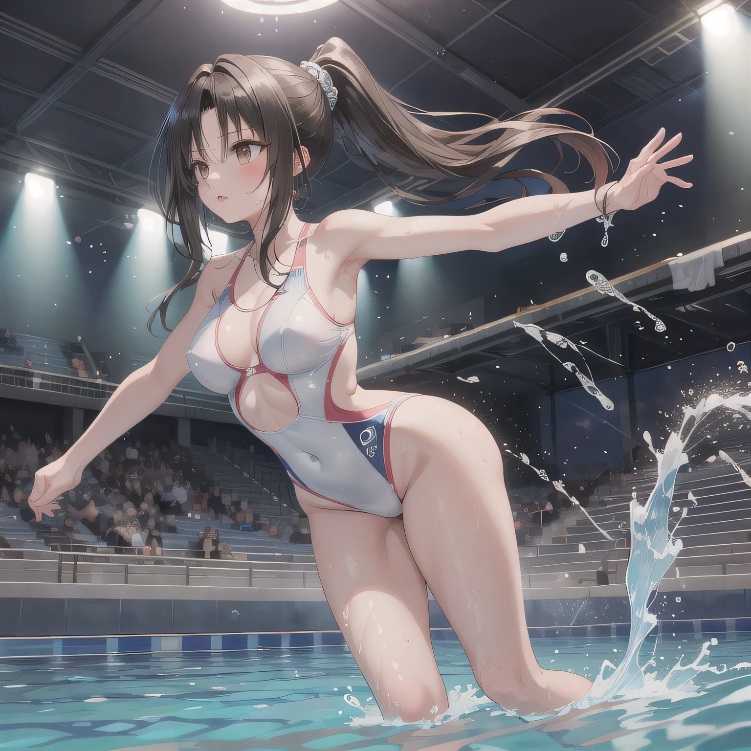(best picture quality, 4K, high quality, masterpiece::1.2), ((masterpiece)), high detail, high quality, best picture quality, ((high quality, nsfw, showing armpits, embarrassed, open legs)), cute, early teen girl in a competition swimsuit with pantyhose at poolside in the indoor pool, full body, loli, short height, medium breasts, bokeh, DOF, Portrait, evil grin, open stance, (cute illustration:1.2), high-resolution, ultra-detailed, best-quality, bare-shoulder,