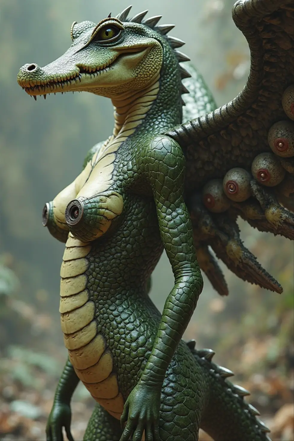 RAW PHOTO, MAGIC WORLD, FULL BODY CG, STAND Barefoot, Beautiful Woman (Perfect Female Body), Scaly Eyes, Realistic, Hand (Lizard Claw) Thigh Details, Ultra Realistic, Very Detailed, Soft Light, Extremely Detailed, Soft Light, Extremely Detailed, Clear Details, (Full Body), 8k, (Original Photo), CG, Purple Skin