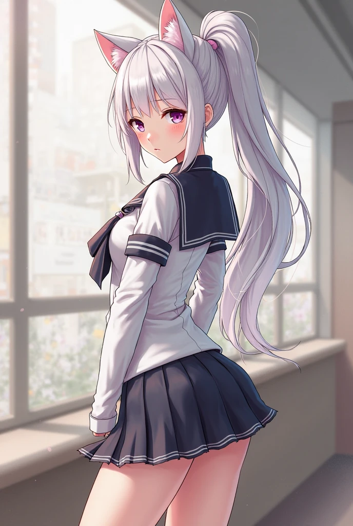 15 years old Japanese depressed and tidy girl ((extra very small breast))((slender )), (( white and silver straight long length hair))((straight long length forelock :1.5)), ((tidy white school uniform:1.5))((red tie:1.5))((limp smile)), droopy and gentle eyes ((light purple)), eyelashes, thin eyebrows , scared and alone atmosphere, blush, seems very cornered and troubled, ((looking back pose: 1.4)), (( face focus:1.3)), best quality,MSFW