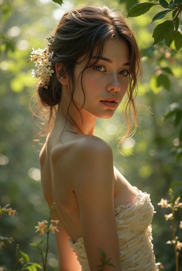 a beautiful naked young spanish woman, 1girl, 90s style, nude woman wearing a transparent plastic coat, in a rainy forest filled with white flowers, detailed face, beautiful detailed eyes, beautiful detailed lips, extremely detailed eyes and face, long eyelashes, high fashion, elegant, refined, graceful, serene, calm, pensive, dreamy, ethereal, whimsical, delicate, soft, feminine, romantic, naturalistic, cinematic lighting, dramatic chiaroscuro, vibrant colors, lush nature, photorealistic, 8k, high quality, masterpiece