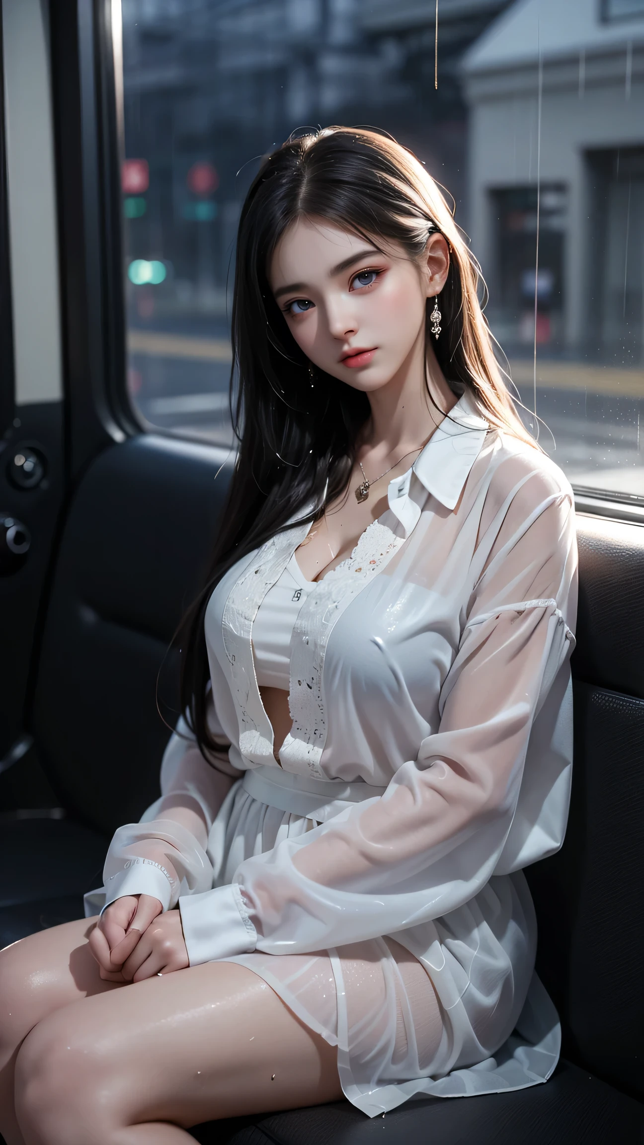 (RAW shooting, Photorealistic:1.5, 8K, Highest画質, masterpiece, Ultra-high resolution), Perfect dynamic composition:1.2, Night Street Corner, Looking up at the sky:1.3, (((Heavy rain from a typhoon))), Highly detailed skin and face textures:1.2, 雨にWetスリムな女子高生:1.3, Sexy beauty, Perfect Style:1.2, Aesthetic and beautiful, Fair skin, Very beautiful face, (Rain dripping all over my body:1. 2, Wet髪:1.4, Wet:1.2), Water droplets on the skin, (Medium chest, Chest gap), (Shy laugh, The expression when feeling intense caressing, Facial expression when feeling pleasure), (Beautiful blue eyes, Beautiful erotic eyes:0.8), (Too erotic:0.9, Alluring:0.9), Cowgirl shot, Student Bag, Perfect body, Perfect fingertips(Girl sitting on train seat)、Best quality work,Actual work,Ultra Premium Graphics,8K HD CG works,High quality graphics,High-definition CG works,10x pixels,Extremely fine detail:1.1,Advanced Technical Details:1.1 Photorealistic,Indoor lighting effects:1.5,Natural light:1.5. Light effects(virtual Light effects:1.8),(Golden white short hai(RAW shooting, Photorealistic:1.5, 8K, Highest