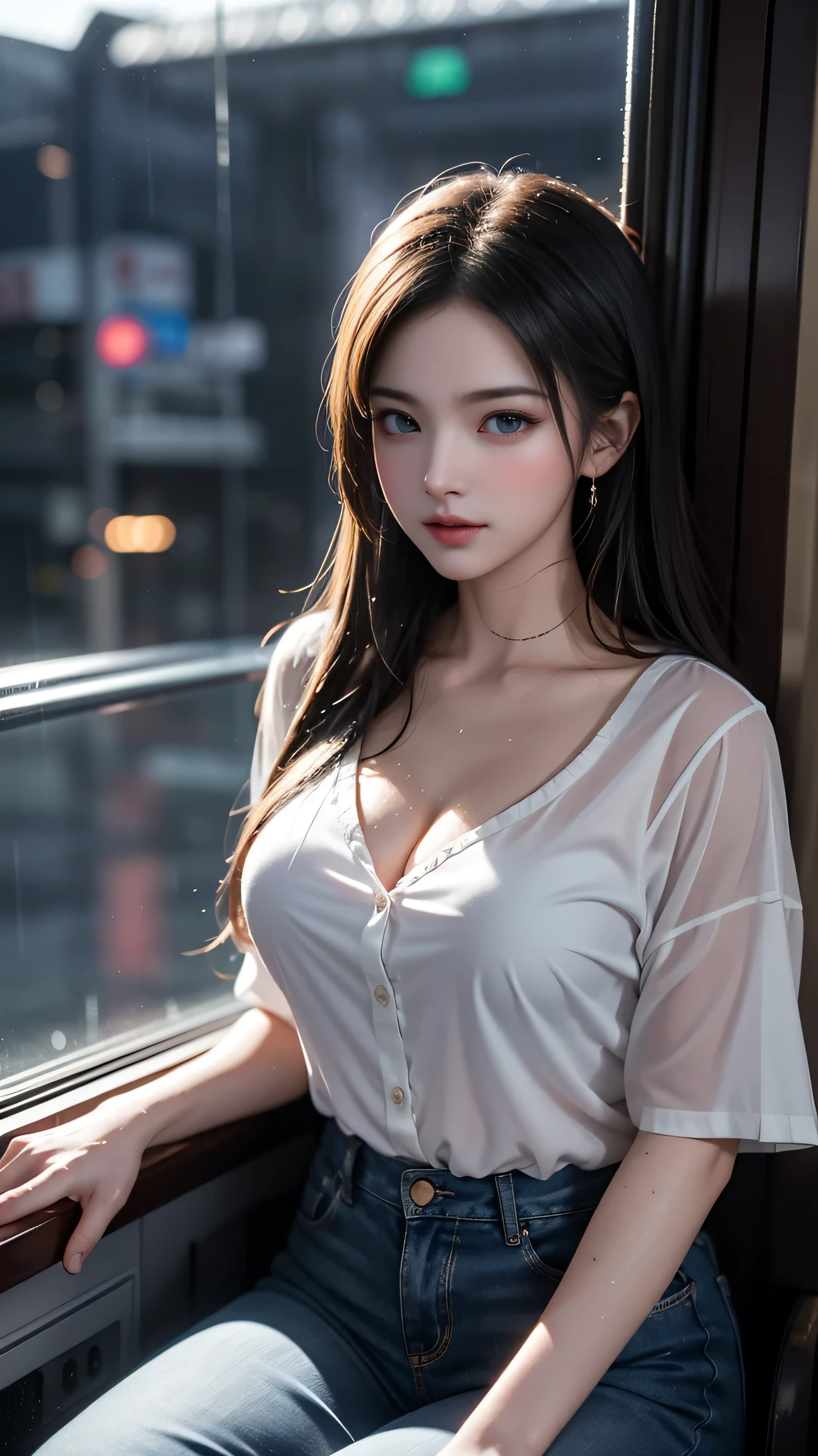 (RAW shooting, Photorealistic:1.5, 8K, Highest画質, masterpiece, Ultra-high resolution), Perfect dynamic composition:1.2, Night Street Corner, Looking up at the sky:1.3, (((Heavy rain from a typhoon))), Highly detailed skin and face textures:1.2, 雨にWetスリムな女子高生:1.3, Sexy beauty, Perfect Style:1.2, Aesthetic and beautiful, Fair skin, Very beautiful face, (Rain dripping all over my body:1. 2, Wet髪:1.4, Wet:1.2), Water droplets on the skin, (Medium chest, Chest gap), (Shy laugh, The expression when feeling intense caressing, Facial expression when feeling pleasure), (Beautiful blue eyes, Beautiful erotic eyes:0.8), (Too erotic:0.9, Alluring:0.9), Cowgirl shot, Student Bag, Perfect body, Perfect fingertips(Girl sitting on train seat)、Best quality work,Actual work,Ultra Premium Graphics,8K HD CG works,High quality graphics,High-definition CG works,10x pixels,Extremely fine detail:1.1,Advanced Technical Details:1.1 Photorealistic,Indoor lighting effects:1.5,Natural light:1.5. Light effects(virtual Light effects:1.8),(Golden white short hai(RAW shooting, Photorealistic:1.5, 8K, Highest