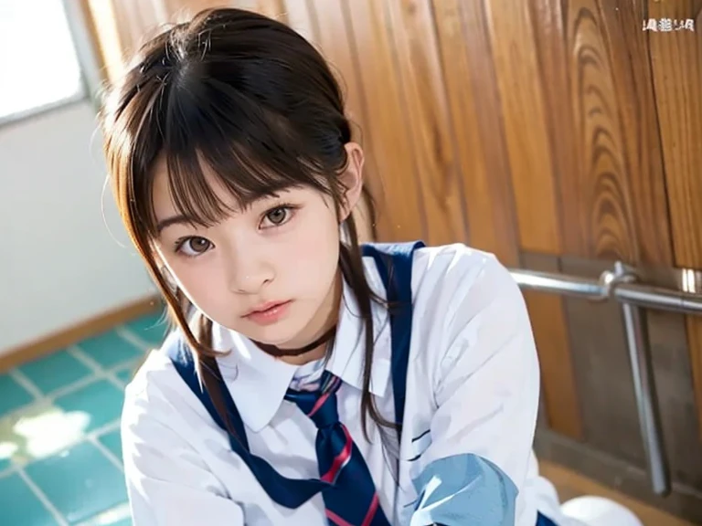 top-quality、hight resolution、ultra-detailliert、​masterpiece、Raw photography、realisitic、Photorealsitic、extremely delicate and beautiful、finely detail、Textured skin、full-shot,(((in school gym storeroom))、1woman、japanese、18year old,(wearing school uniform),(((lying down on the ma and spreading legs))) 、、tall、Brown hair、wavy hair,short hair,Wearing makeup、(Bare legs:1.5)、Do not wear anything on your arm、perfectly proportions,focus her thighs,dynamic angle,missionary position pov,ponytail,bukkake,splashing with semen