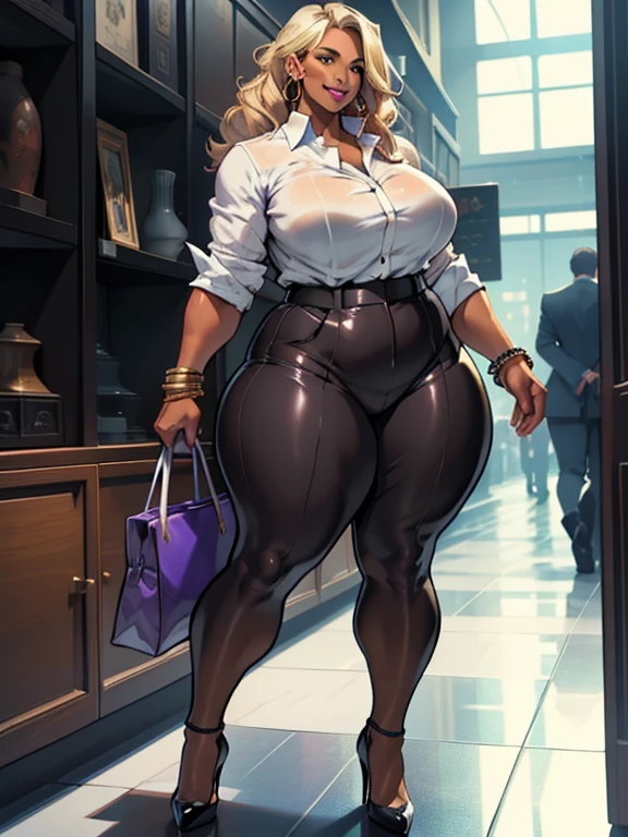 Detailed CG artwork, (highest quality, Exquisite details, An absolute masterpiece), (Head to toe images)), ((Full body image)),(Plus Size Model)),(White business casual suit,Pencil Skirt), (((Dark mahogany skin))),(((Light blonde))), (alone,Beautiful mahogany black skin、White business casual suit),be familiar with beautiful mature face, Highly detailed beautiful face and eyes, (be familiar with, Fascinating, And clear eyes), (Plump, glossy purple lips)),((High heels)),(purple eye shadow), blush, (sadistic Fascinating smile), (Curvaceous), ( Incredibly large and curvaceous hips), (Very huge voluptuous ass), (Huge thick thighs), (Glowing Skin), (Wet oily skin), jewelry, bracelet, Hoop Earrings