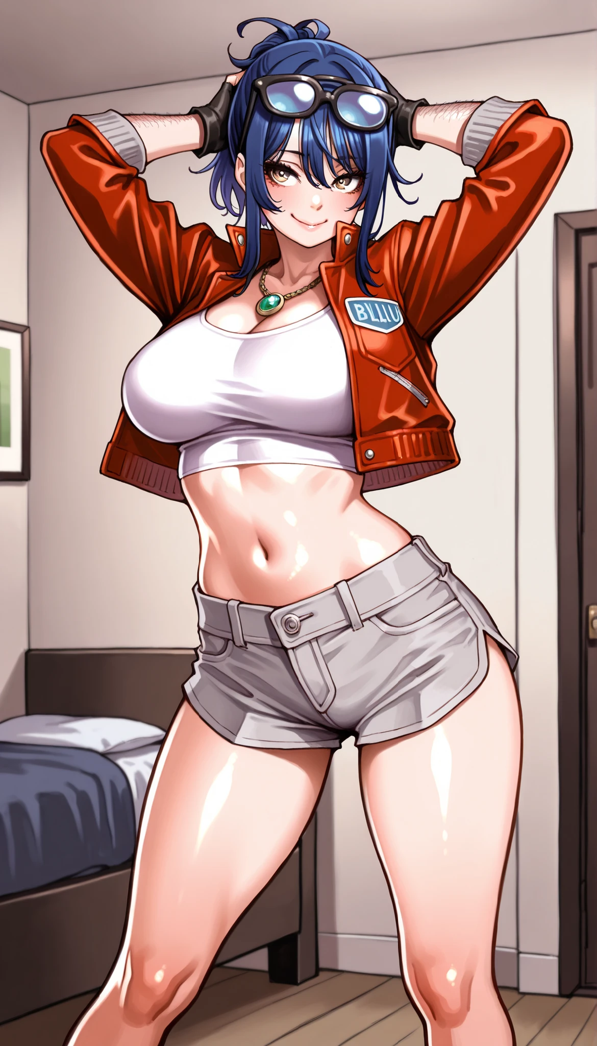 masterpiece,Highest Quality,great quality,very sophisticated,absaudress,Newest 1girl , solo, Wife Timer Prime, blue hair, double bang, eyewear on head, necklace, big breasts, white crop top,Down , red cropped jacket, fingerless gloves, Grey Low Leg Shorts,cropped shorts ,Hairy, to thigh, place your arm behind your head,open your mouth, in Kura,smile,standing with legs apart, bedroom,ys-illu,