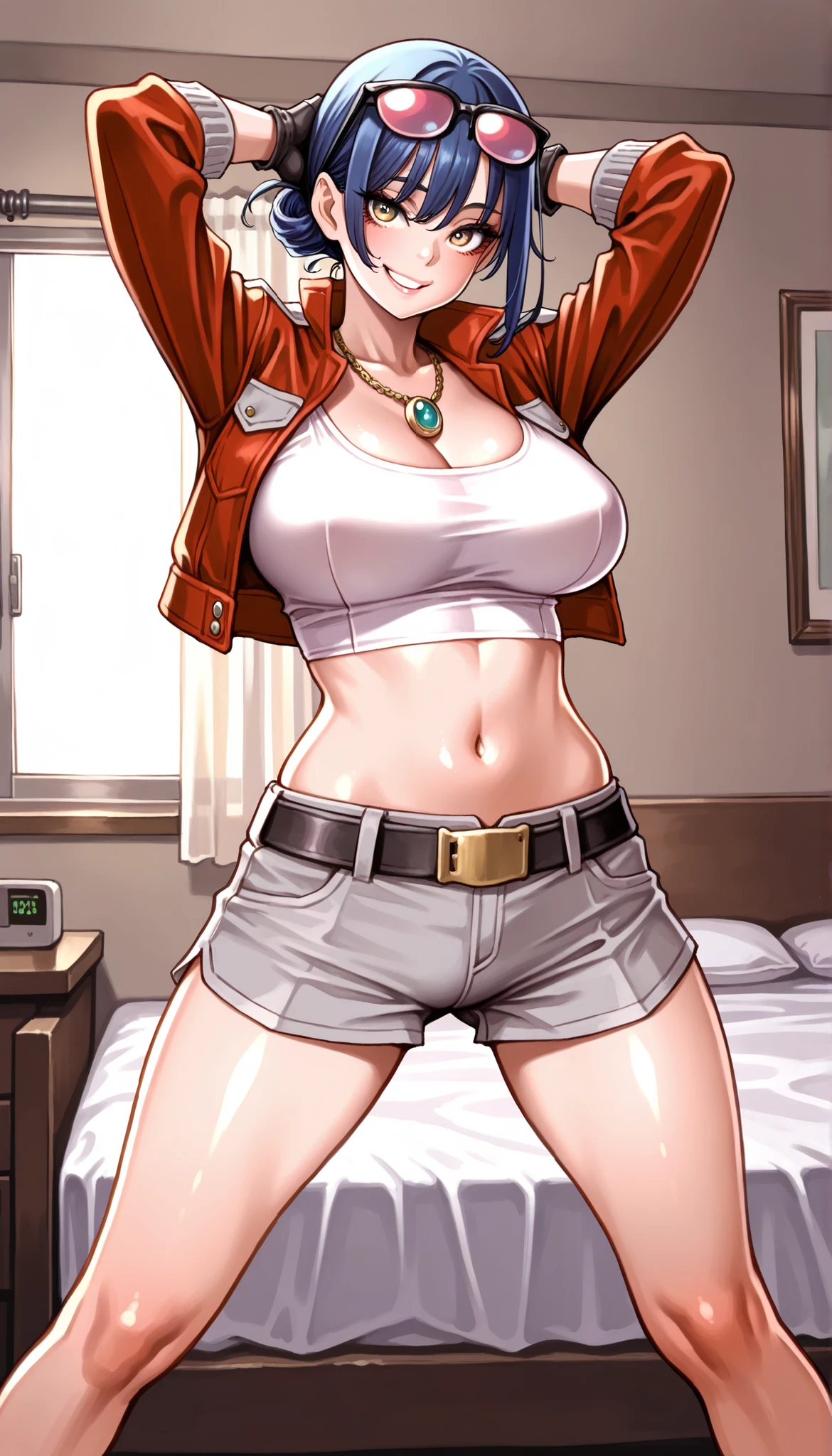 masterpiece,Highest Quality,great quality,very sophisticated,absaudress,Newest 1girl , solo, Wife Timer Prime, blue hair, double bang, eyewear on head, necklace, big breasts, white crop top,Down , red cropped jacket, fingerless gloves, Grey Low Leg Shorts,cropped shorts ,Hairy, to thigh, place your arm behind your head,open your mouth, in Kura,smile,standing with legs apart, bedroom,ys-illu,