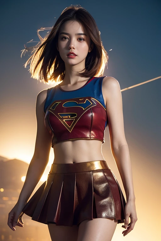 supergirl, 1girl, solo, 14 years old, beautyful face, perfect face, detailed face, incredible beauty face, realistic face, amazing face, the most beautyful face on history, small nose, blue eyes, defines eyes, realistic eyes, focus on eyes, latin girl, looking up, long hair, red miniskirt with open sides, blonde hair, bare abdomen, blue small top, (breasts juvenile, breasts close set, middle breasts), very diminute waist, big hip, big buttock, atlethic legs, belly button, red boots, large red cape, realistic hands, arms up, logo of supergirl on chest, very long hair, futuristic clothes, parted bangs, petals, far view, night, moon, wind, buildings, full moon, jumping over cars, between buildings, hanging on air, photo of whole body, full body, 8k, hyper-realism, detailed description, original,