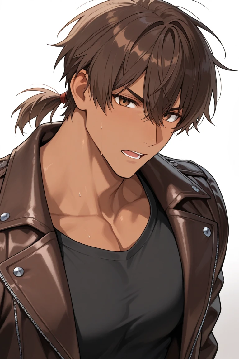 masterpiece, best quality, 1boy, black jacket, hood, ahoge, short hair, brown hair, black pants, smile, hands up, simple background, white background, upper body Muscular body, Imposing body, Imposing appearance, muscular arms, muscular legs, only body, trapezoid torso, sturdy body, muscular body, defined round and fleshy pecs, defined washboard ABS, defined arms, defined legs, flexing his muscles