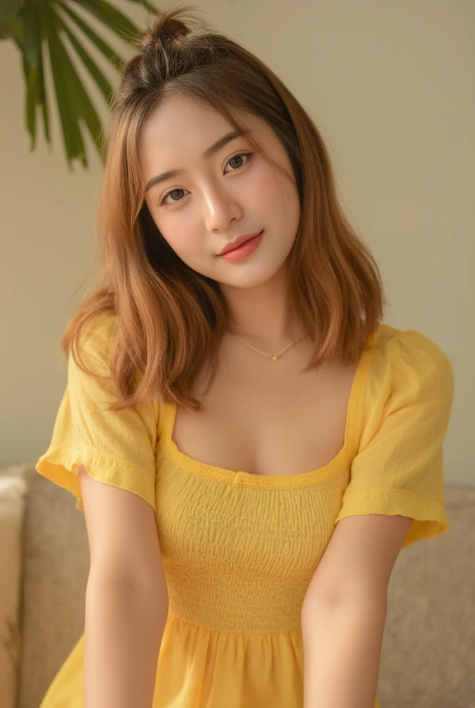 ((Best quality, 8K, masterpiece:1.3)), (Han So-Hee:0.5), (Roseanne Park:0.9), (Jennie Kim:1.2), photo of a 23 year-old "Mia Kim", perfect body beauty:1.4 slim abs: 1.2, big breasts: 1.2, [long brown wavy hair, layered haircut, 0.5], tilted head, (smiling), (looking at the camera), highly detailed skin, skin pores, instagram, realistic lighting, wearing beautiful yellow dress, (((sitting outside a flower shop))), full body, wide angle view