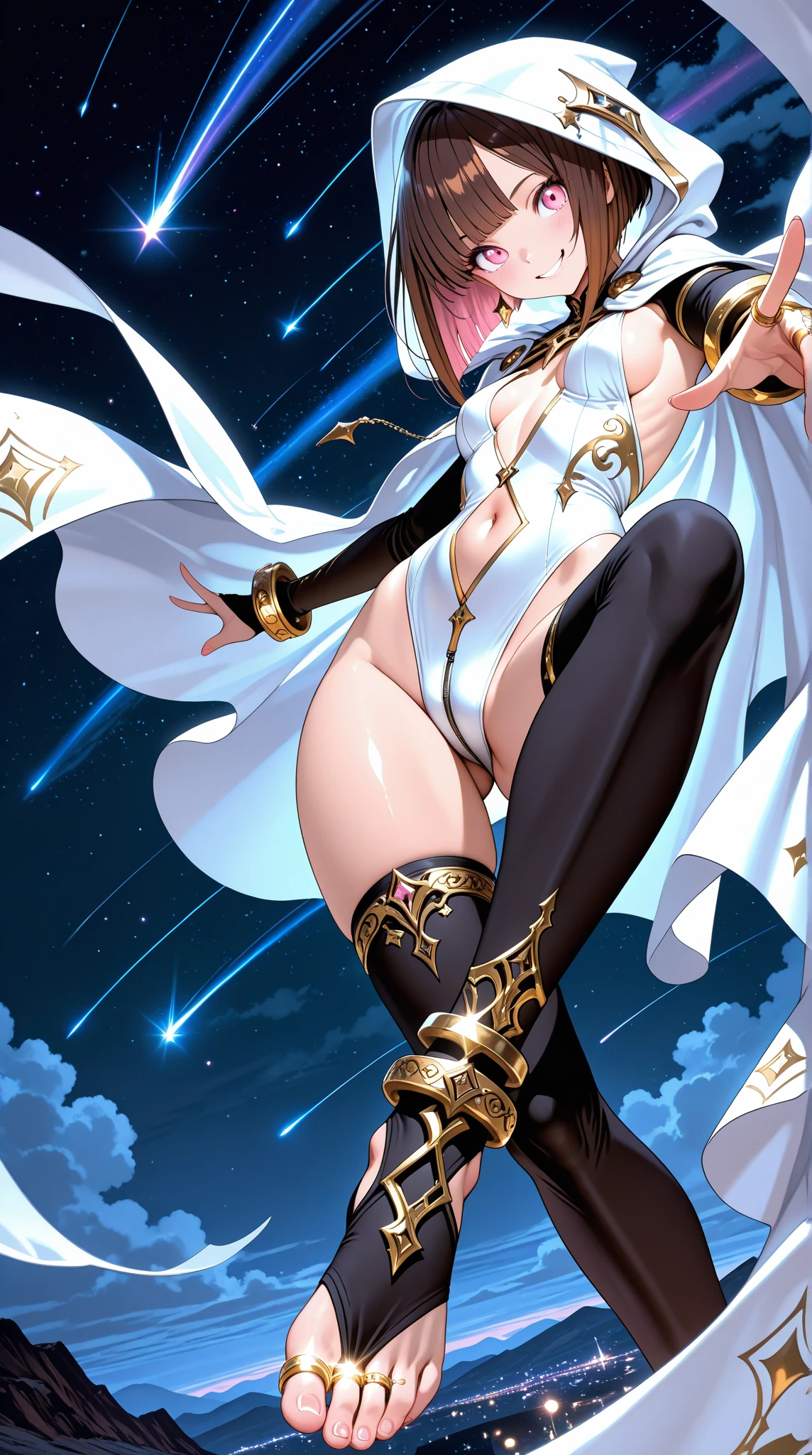 One lady,14years,((White hair) ,((())), (()), (())(()),((White microskirt,Shiny pink bodysuit and short white cloak)),,(,),((Fantasy,Moon Night))((Clothes are torn))