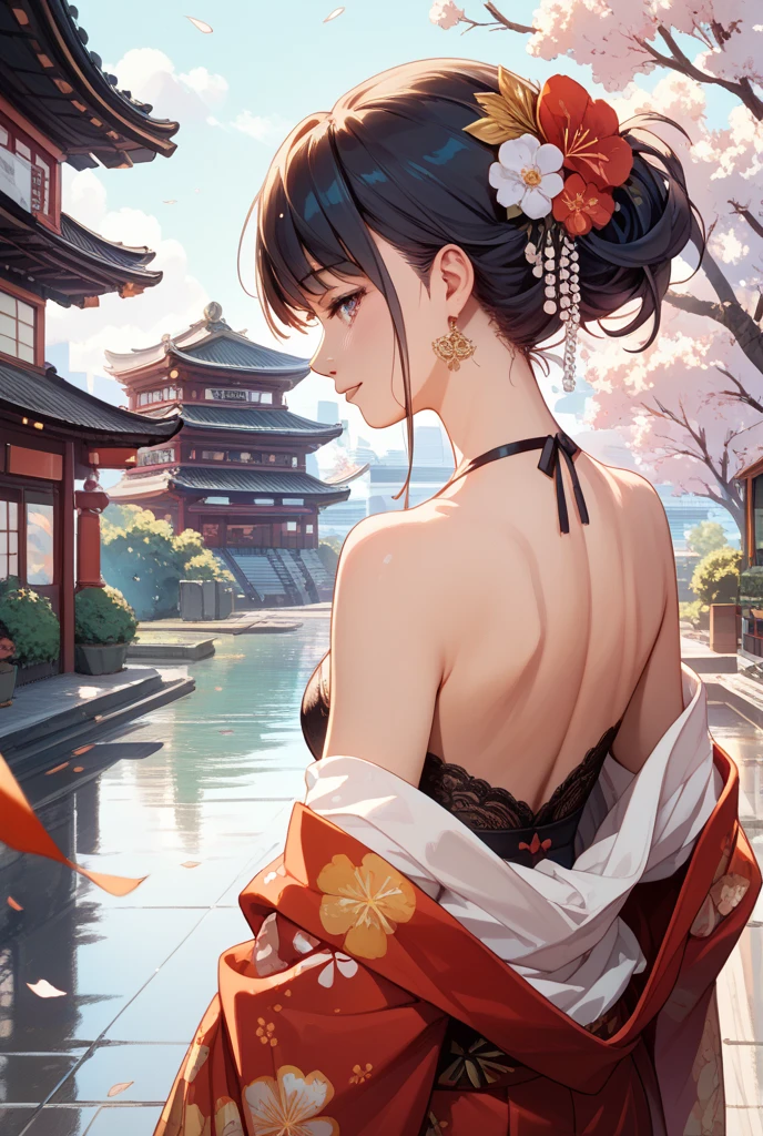 /imagine prompt: An enticing anime 1girl leaning against a traditional wooden gate in a serene Kyoto garden at twilight, the tranquil beauty of Japan's nature enveloping her, her long black hair cascading down her back, adorned in an elegant kimono with a hint of cleavage, an air of mystery and allure in her gaze, Soft-focus photography with a prime 50mm lens, f/2.8 aperture, --ar 9:16 --v 5