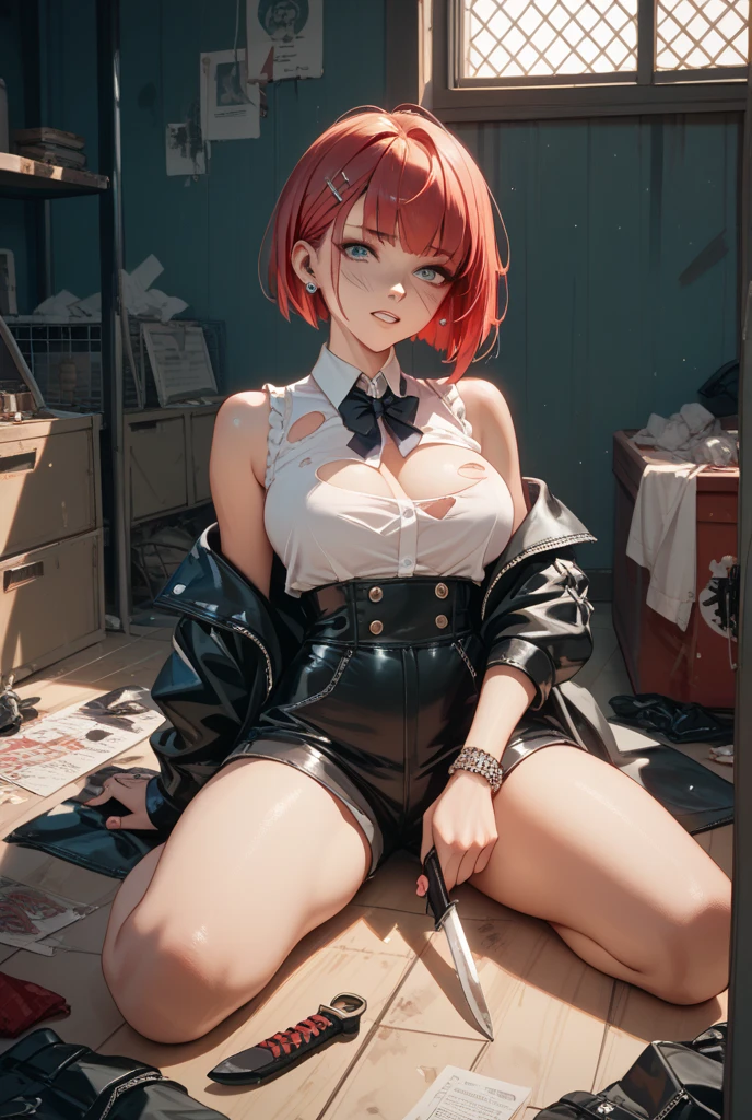 High School Teacher, Japanese people, Red-haired female teacher sitting on a chair and smoking a cigarette, Leg tattoo, , White blouse , Blue-eyed, An animist who wields spirits, The Spirit of Fire Lights a Cigarette, The Four Spirits, Animist, large full breasts, Daughter of the Yakuza, Tattoo on the neck that is slightly visible, Slightly visible breasts, Short denim skirt, Irezumi tattoo all over her leg, Sneaky panties, Body-revealing suits, About 23 years old, Naughty face