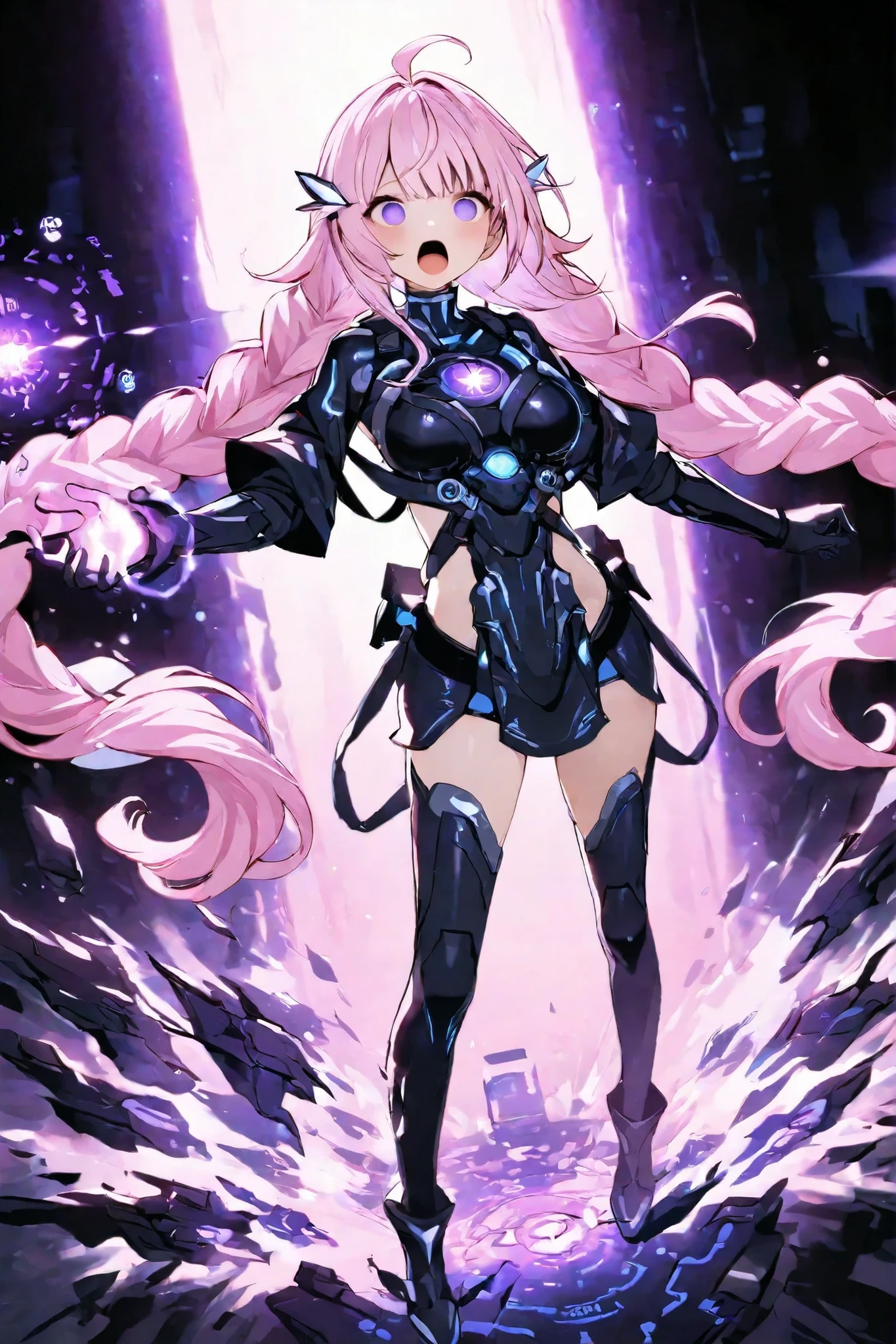 high quality universe Hidden Princess cute wide-open eyes without pupils Screaming Mouth white and pink hair White and black armor suit holding a laptop in hand Activation pose Magic Activation a barrage of light like a shooting game (Invaders Destroyed) full body Storytelling Sense of Activation force Light Concentration Line