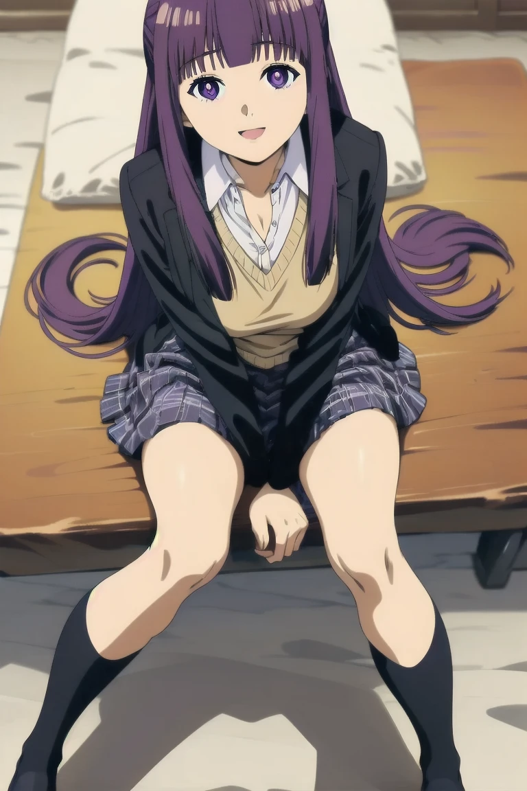 1 Girl, purple hair, long hair, hairclip, in underwear, sitting on the ground, legs apart